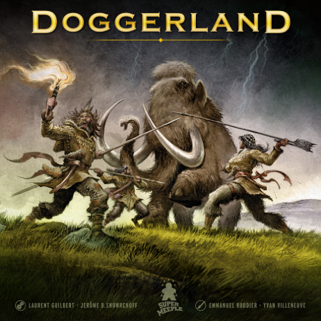 Boîte de Doggerland — trois chasseurs face à un mammouth dans la tempête