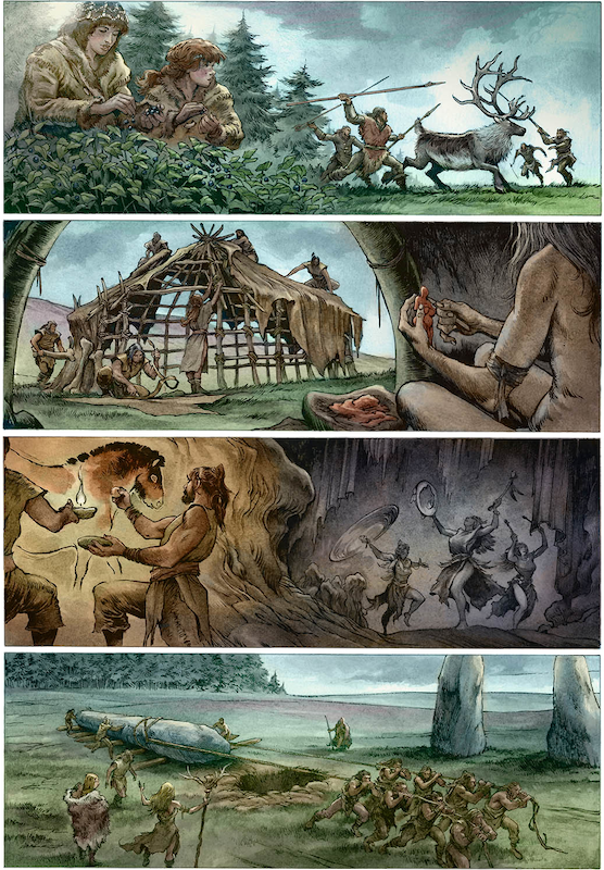 Scène préhistorique : chasseurs traquant un renne pendant que d'autres cueillent des baies — planche d'Emmanuel Roudier